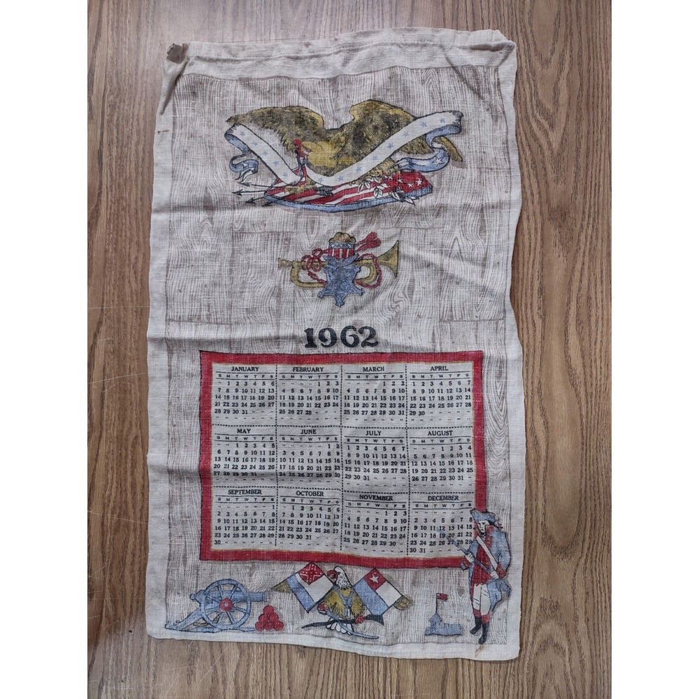 Vintage 1962 Stevens Linen Kitchen Calendar Tea Towel Americana 100% Linen